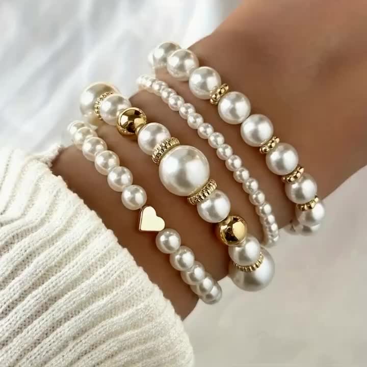 5pc Boho Beaded Bracelet Set with Golden Plated Heart Charm